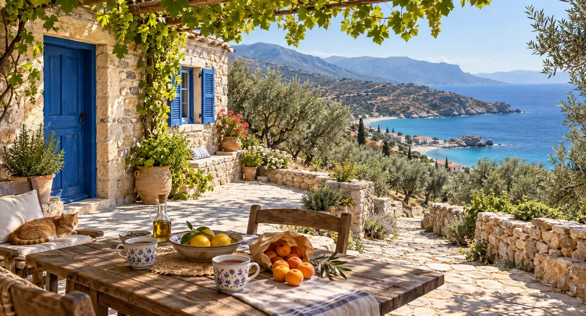 A blue-doored stone cottage above the Cretan coast, with olive trees, a path towards the turquoise sea, and tea, lemons and apricots on a vine-shaded terrace.