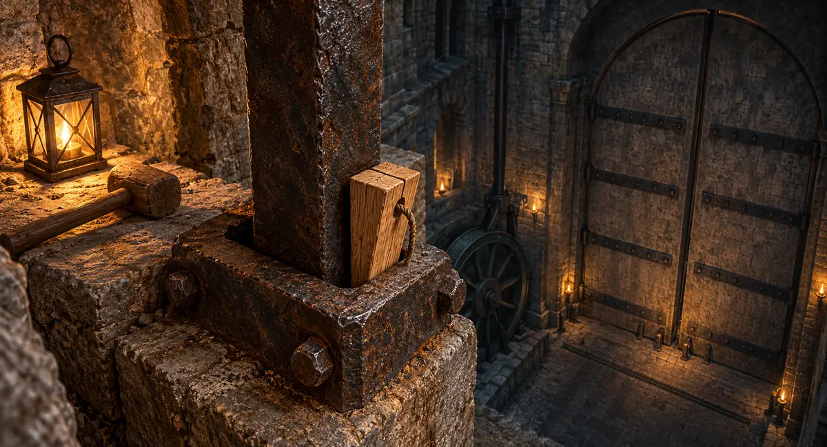 A small oak wedge jams a massive iron lifting rod above the closed stone-faced gate of Vale Mouth, lit by a lantern.