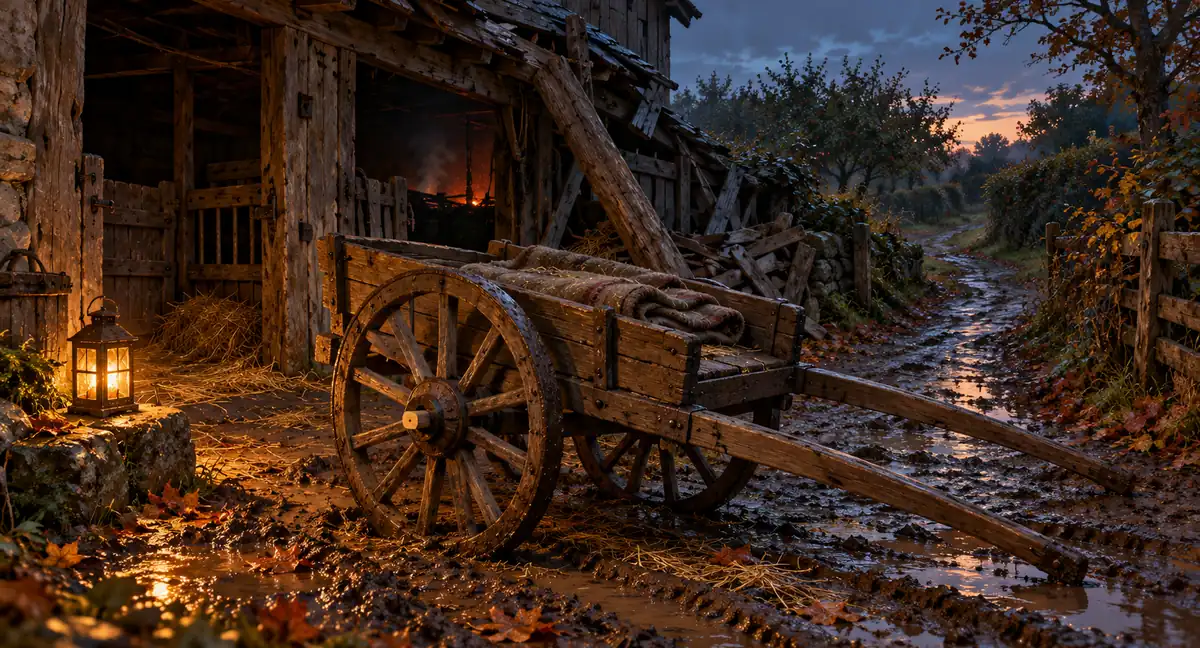 A repaired two-wheeled fodder cart and lantern outside Briar Glen's damaged stable, beside a wet orchard path at dusk.
