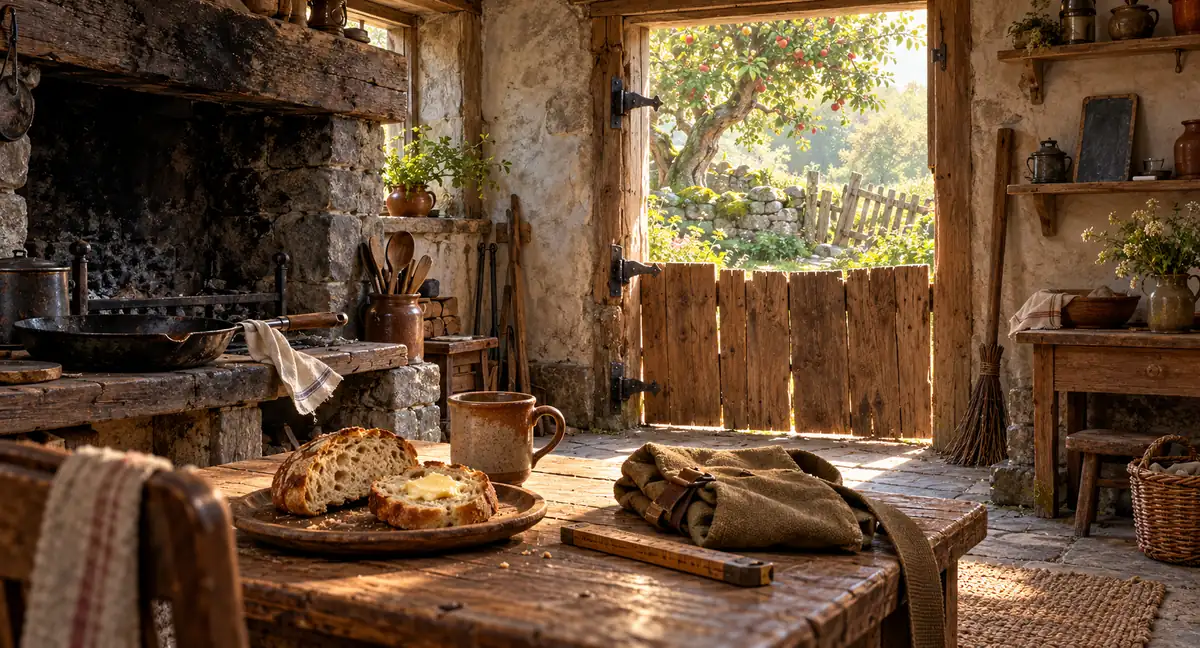 Warm bread and a recovered frying pan in Beech's cottage kitchen, with morning sunlight through the doorway awaiting its replacement door.