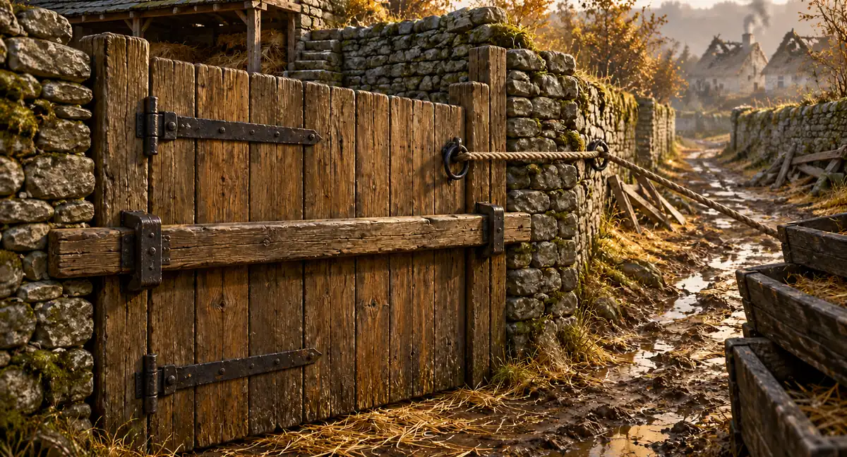 A barred oak cattle-pound gate with its closing rope through a gatepost eye, beside a muddy lane and damaged cottages.