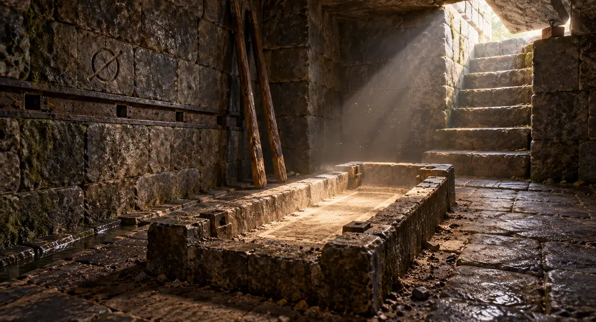 An empty stone chest cradle and discarded carrying poles beneath Briar Glen's meeting hall, lit by daylight through an open hatch.