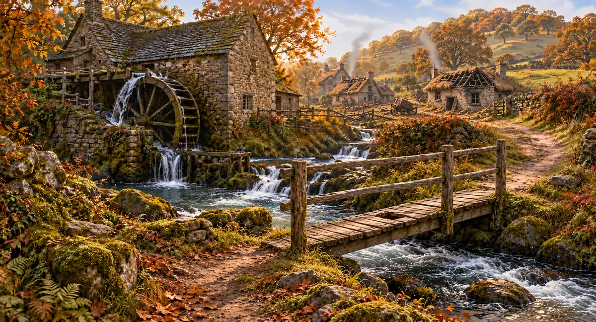 A narrow wooden plank footbridge with a broken board crosses the stream beside Briar Glen's watermill and ransacked cottages.