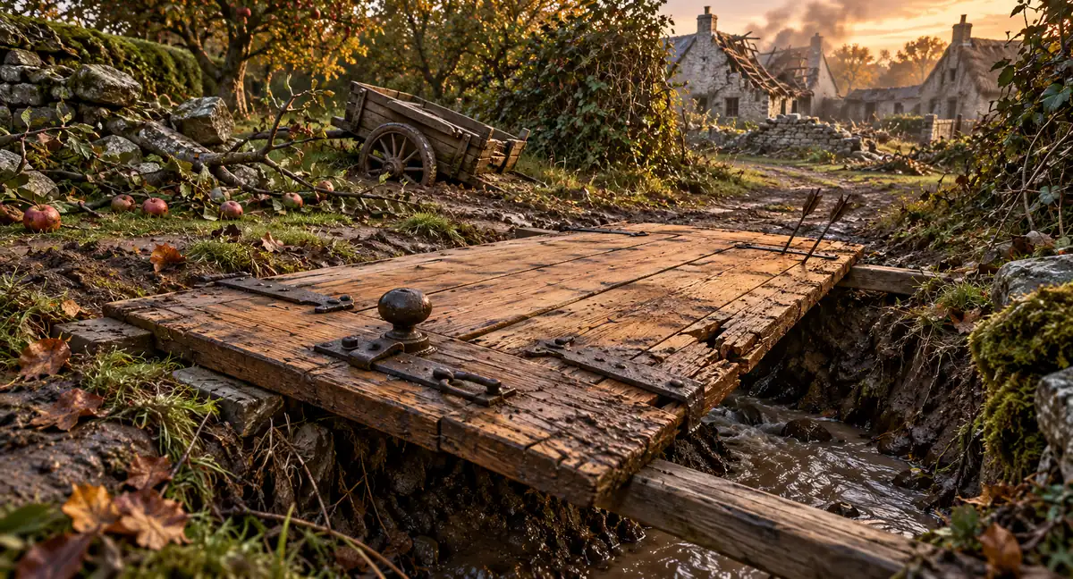 Beech's scarred oak front door spans a muddy drainage cut as an improvised crossing, with a stranded handcart and damaged cottages beyond.