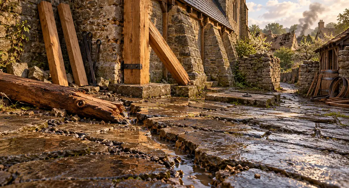 Cracked, waterlogged paving and fresh oak braces beneath Briar Glen's meeting hall, with a broken boundary wall and damaged cottages beyond.