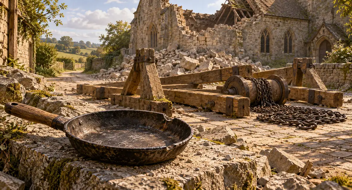 Beech's dented iron frying pan rests beside dismantled hauling beams and slack chains outside the damaged meeting hall.
