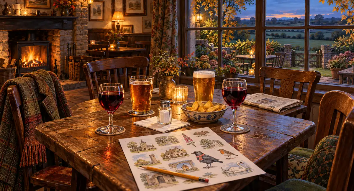 Four drinks, a salt cellar on a napkin, chips and a bird picture quiz on a warm wooden pub table, with a fire and dusk over the garden beyond.