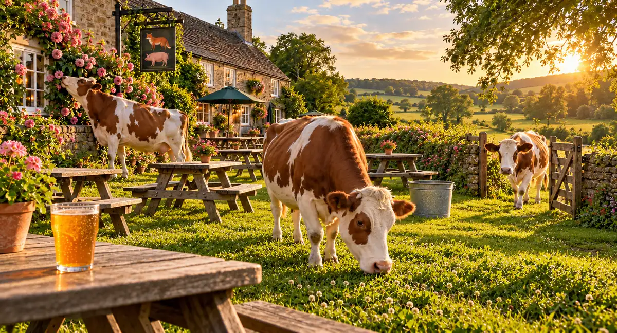 Three brown-and-white cows in a sunny pub garden, with picnic benches inside the lawn and an open gate to the field at the side; a pint of cider rests on the foreground table.