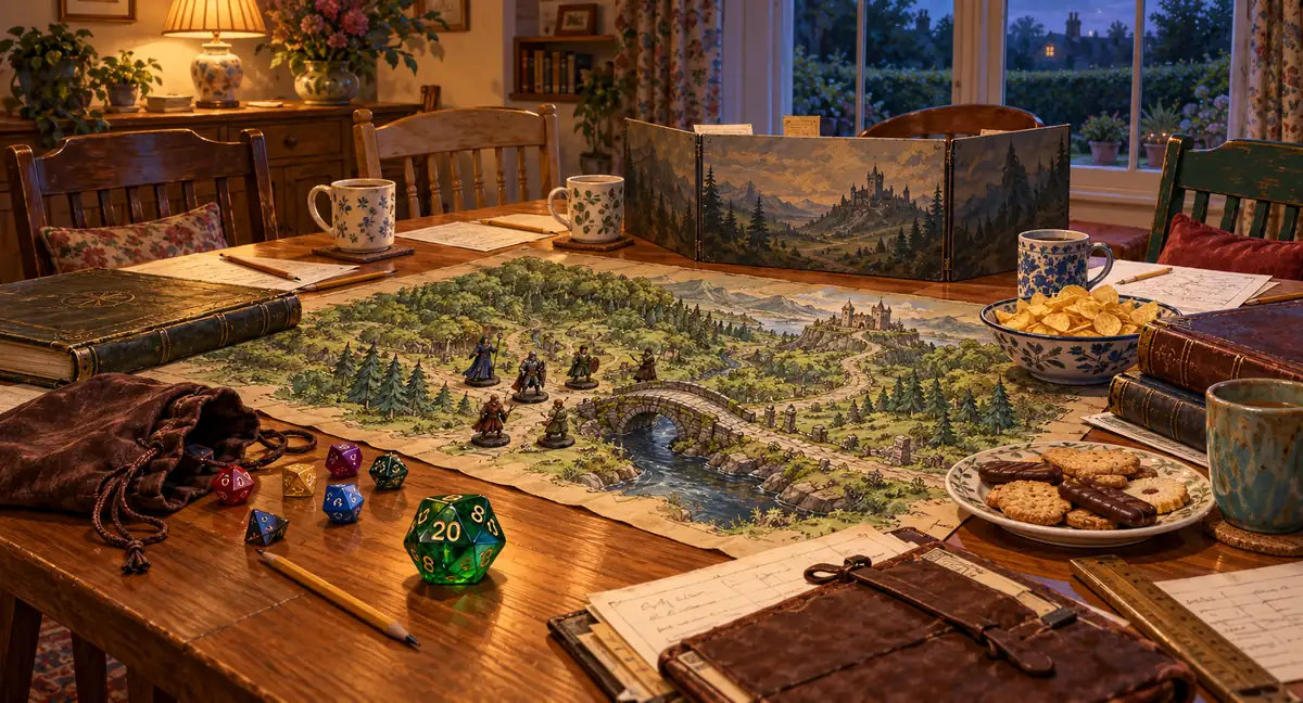 A warmly lit gaming table with coloured dice, little fantasy miniatures, a forest map and stone bridge, notebooks, tea mugs and biscuits beside a window at dusk.