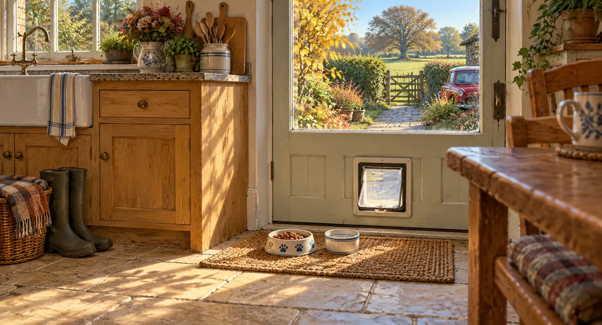 An untouched bowl of cat food waits beside a cat flap in a sunlit cottage kitchen, with autumn trees and a red classic Mini visible beyond the back door.