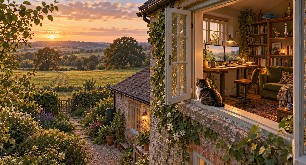 Blinks sits at an open upstairs window beside a warm home office with a standing desk, glowing screens, bookshelves and a moss-green sofa, overlooking fields and trees in evening light.